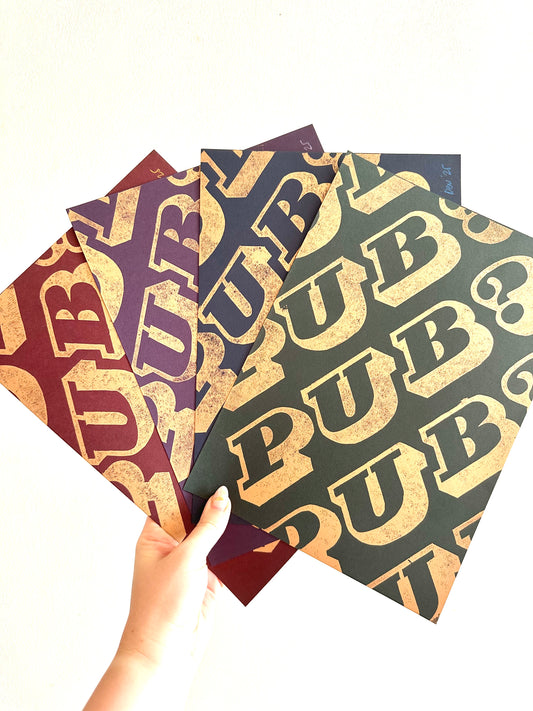 'PUB?' Gold Lino Print