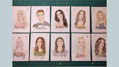 Portrait Illustration place cards, A7 personalised watercolours for table settings