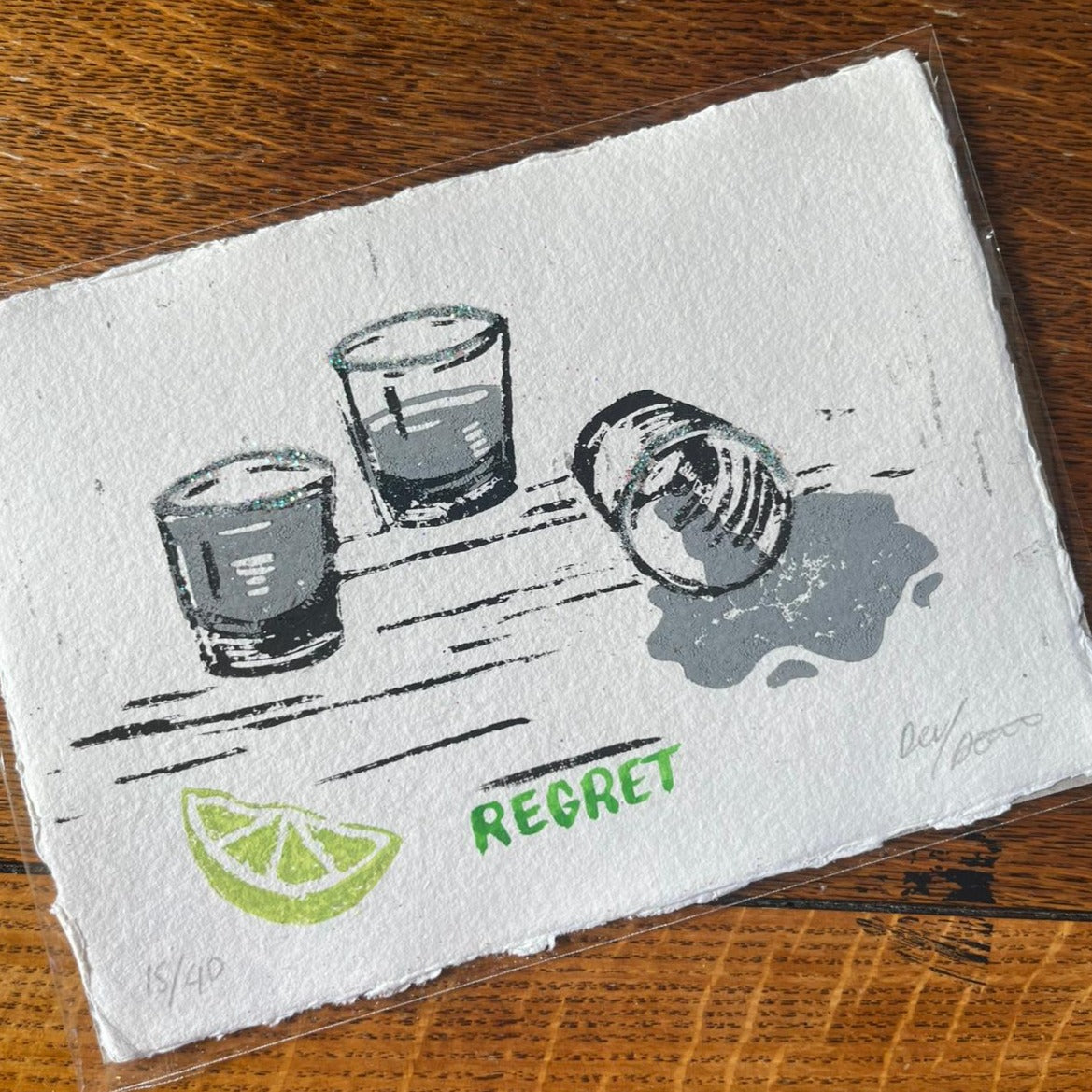 'Regret' Tequila, Lino Print